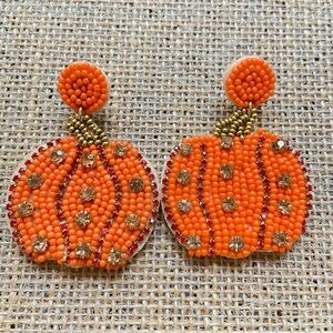 Beaded orange pumpkins pierced post and dangle Halloween earrings rhinestones